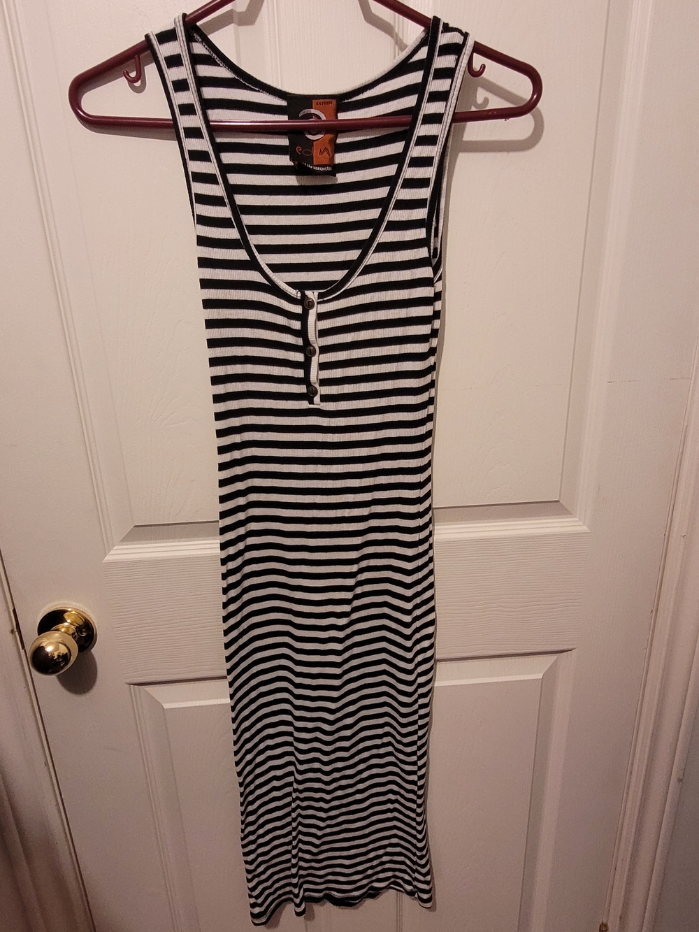 Sleeveless Black & White Striped Maxi Dress with Button Front